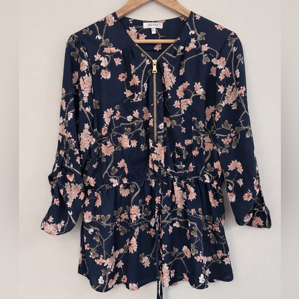 Stella Tweed Navy Floral Zip Front Tunic Top small